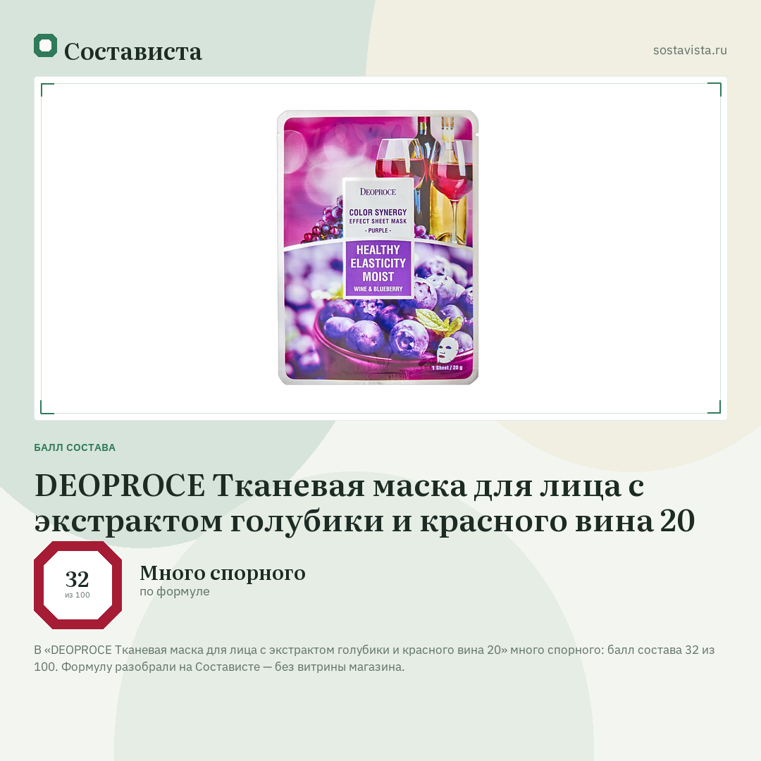 DEOPROCE Тканевая маска для лица с экстрактом голубики и красного вина 20: балл состава 32 из 100 — Состависта