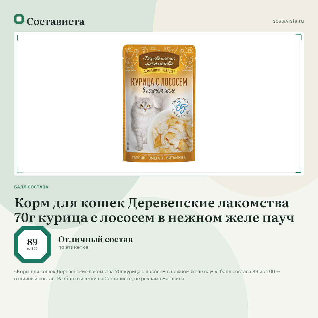 Корм для кошек Деревенские лакомства 70г курица с лососем в нежном желе пауч: балл состава 89 из 100 — Состависта