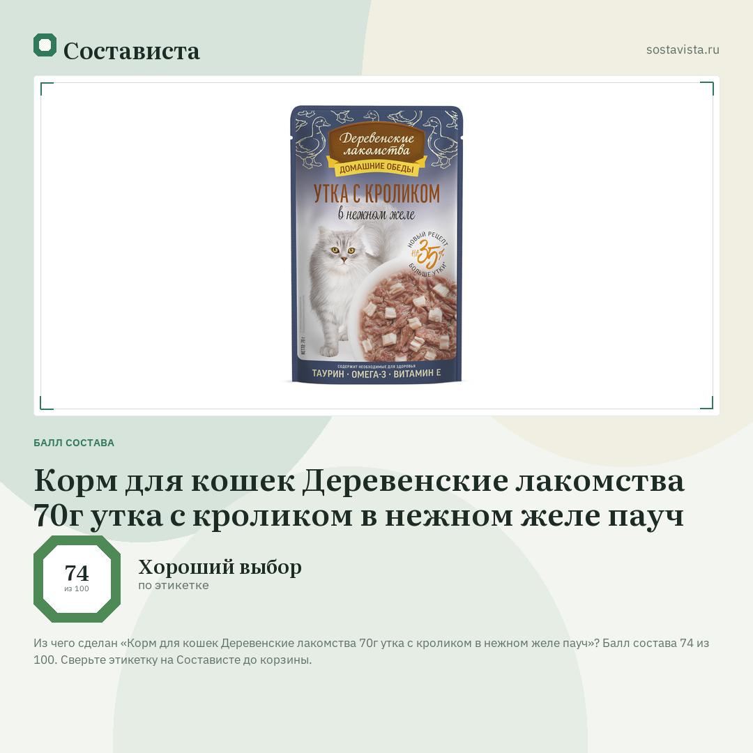 Корм для кошек Деревенские лакомства 70г утка с кроликом в нежном желе пауч: балл состава 74 из 100 — Состависта