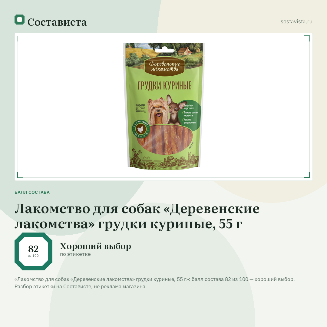 Лакомство для собак «Деревенские лакомства» грудки куриные, 55 г: балл состава 82 из 100 — Состависта
