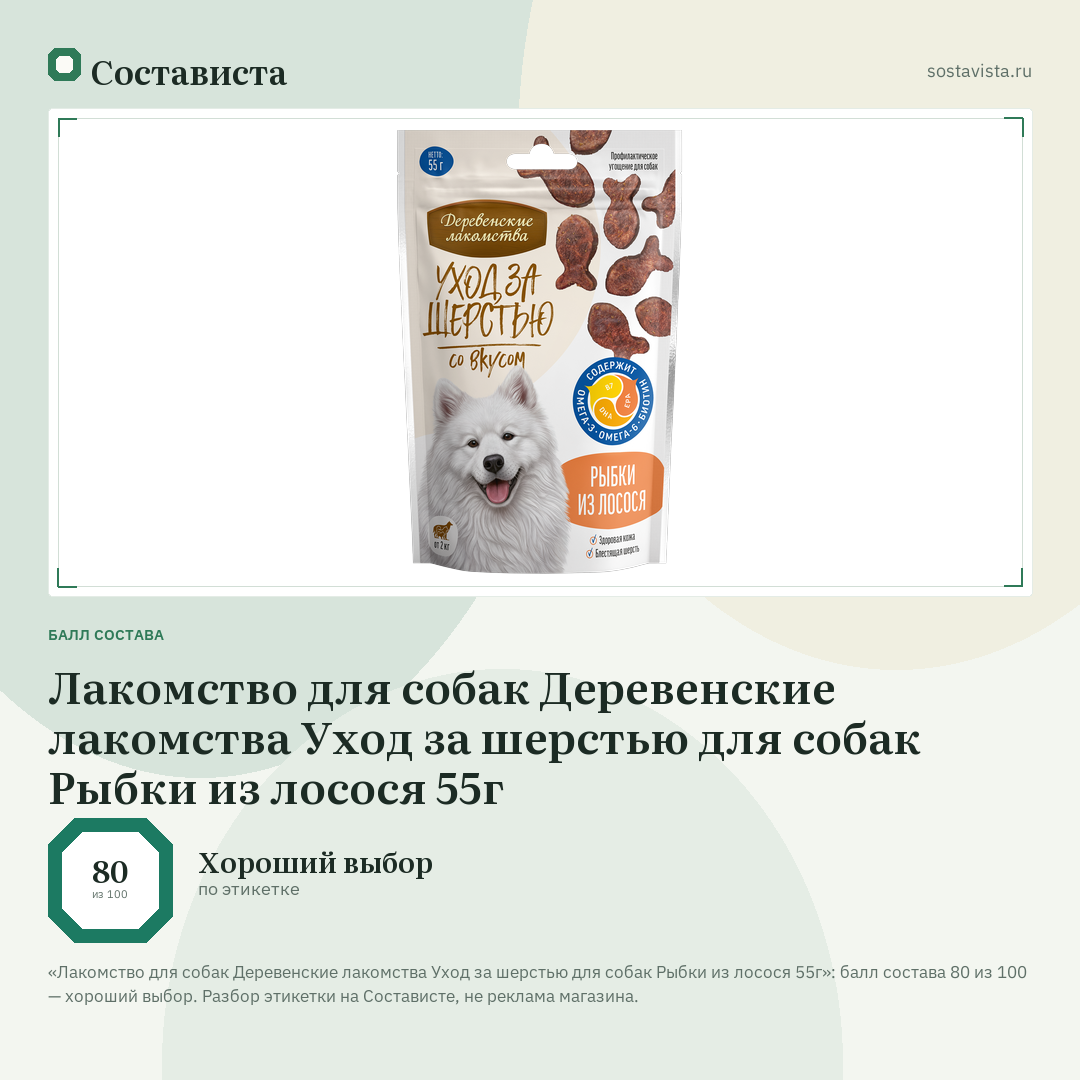 Лакомство для собак Деревенские лакомства Уход за шерстью для собак Рыбки из лосося 55г: балл состава 80 из 100 — Состависта