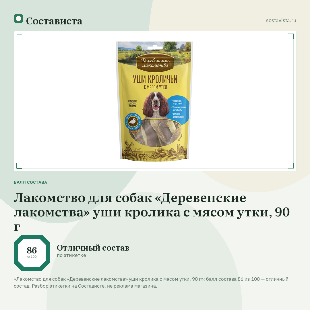 Лакомство для собак «Деревенские лакомства» уши кролика с мясом утки, 90 г: балл состава 86 из 100 — Состависта