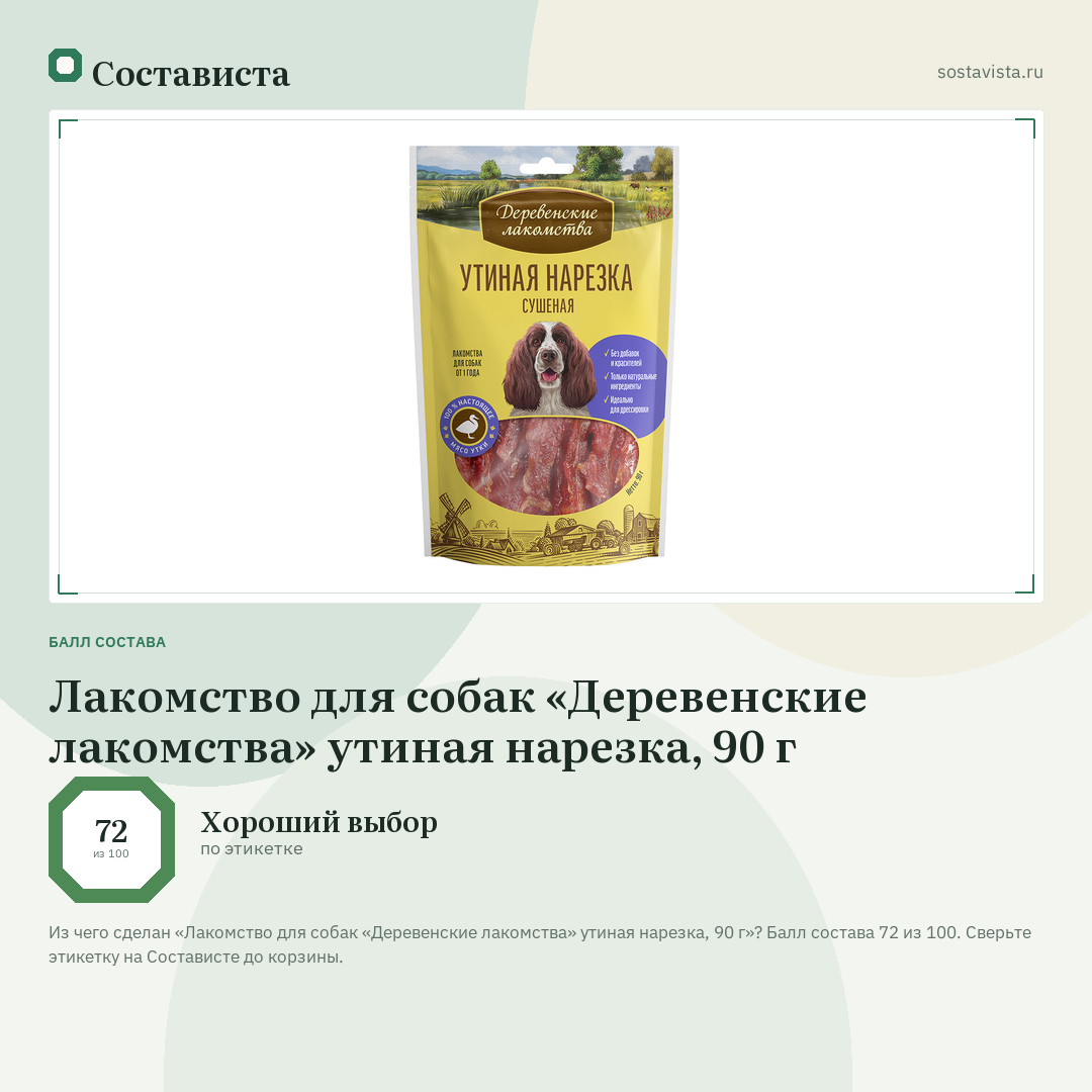 Лакомство для собак «Деревенские лакомства» утиная нарезка, 90 г: балл состава 72 из 100 — Состависта