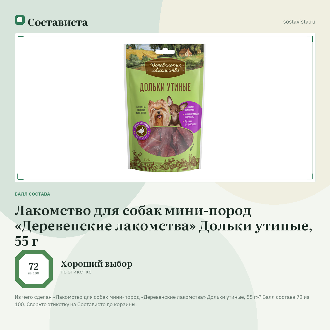 Лакомство для собак мини-пород «Деревенские лакомства» Дольки утиные, 55 г: балл состава 72 из 100 — Состависта