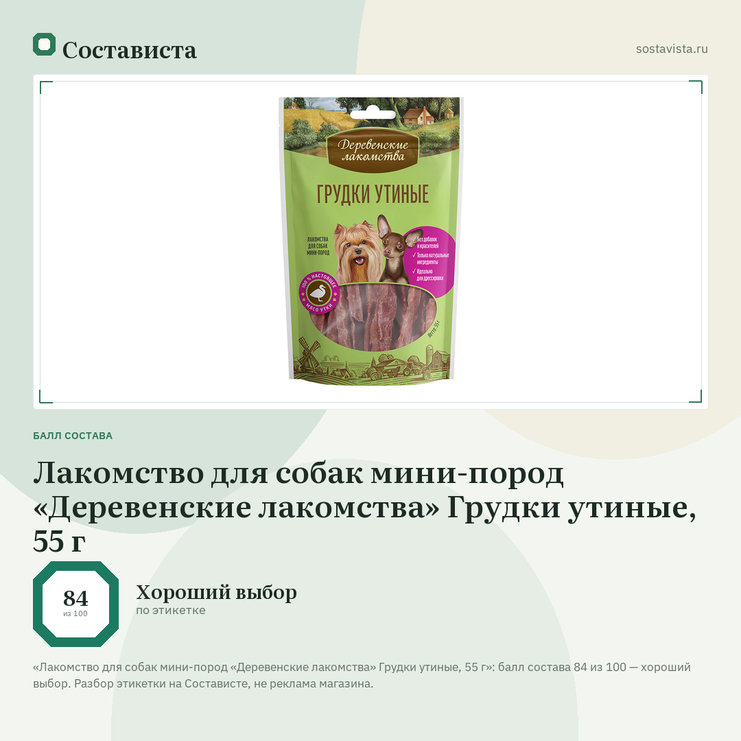 Лакомство для собак мини-пород «Деревенские лакомства» Грудки утиные, 55 г: балл состава 84 из 100 — Состависта