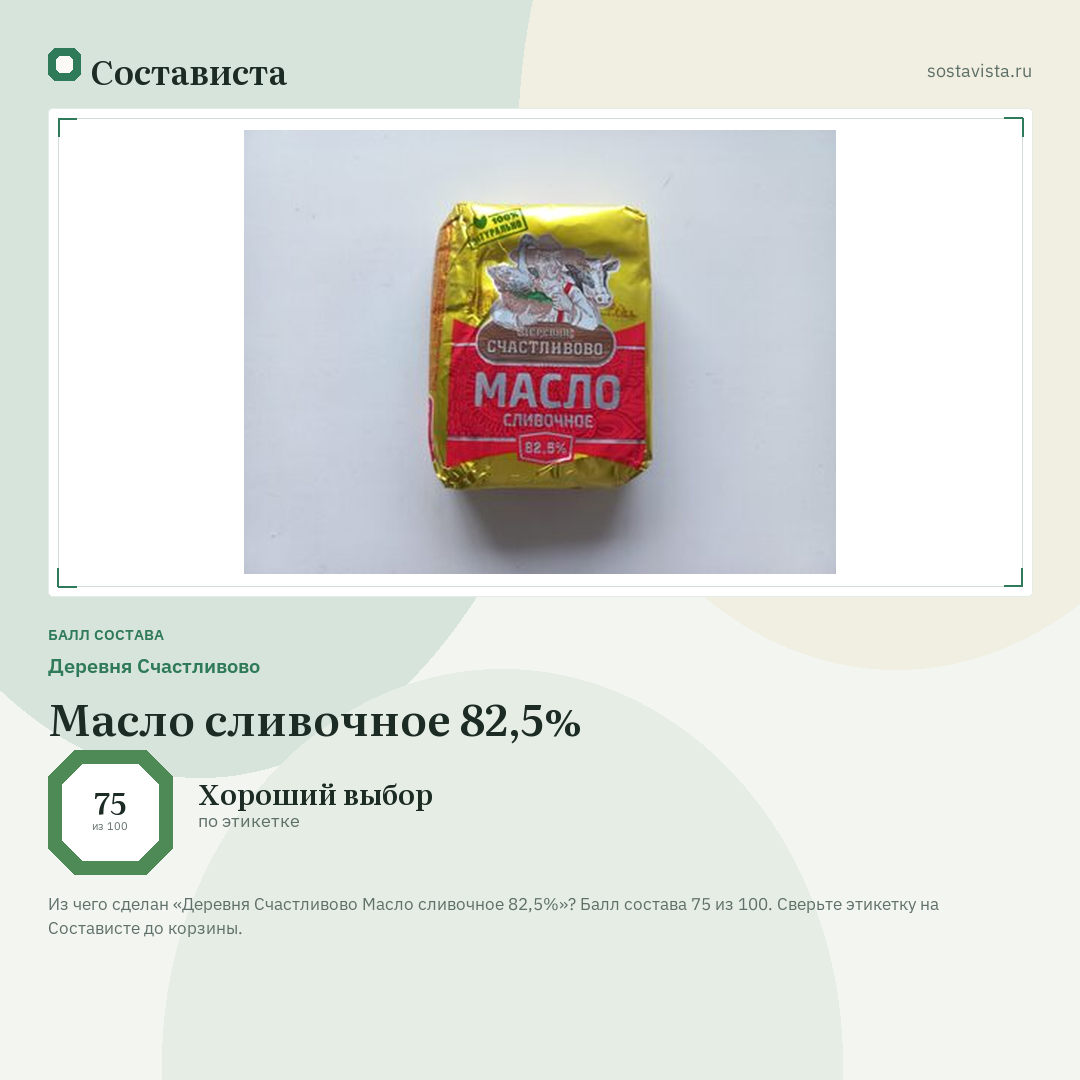 Деревня Счастливово Масло сливочное 82,5%: балл состава 75 из 100 — Состависта