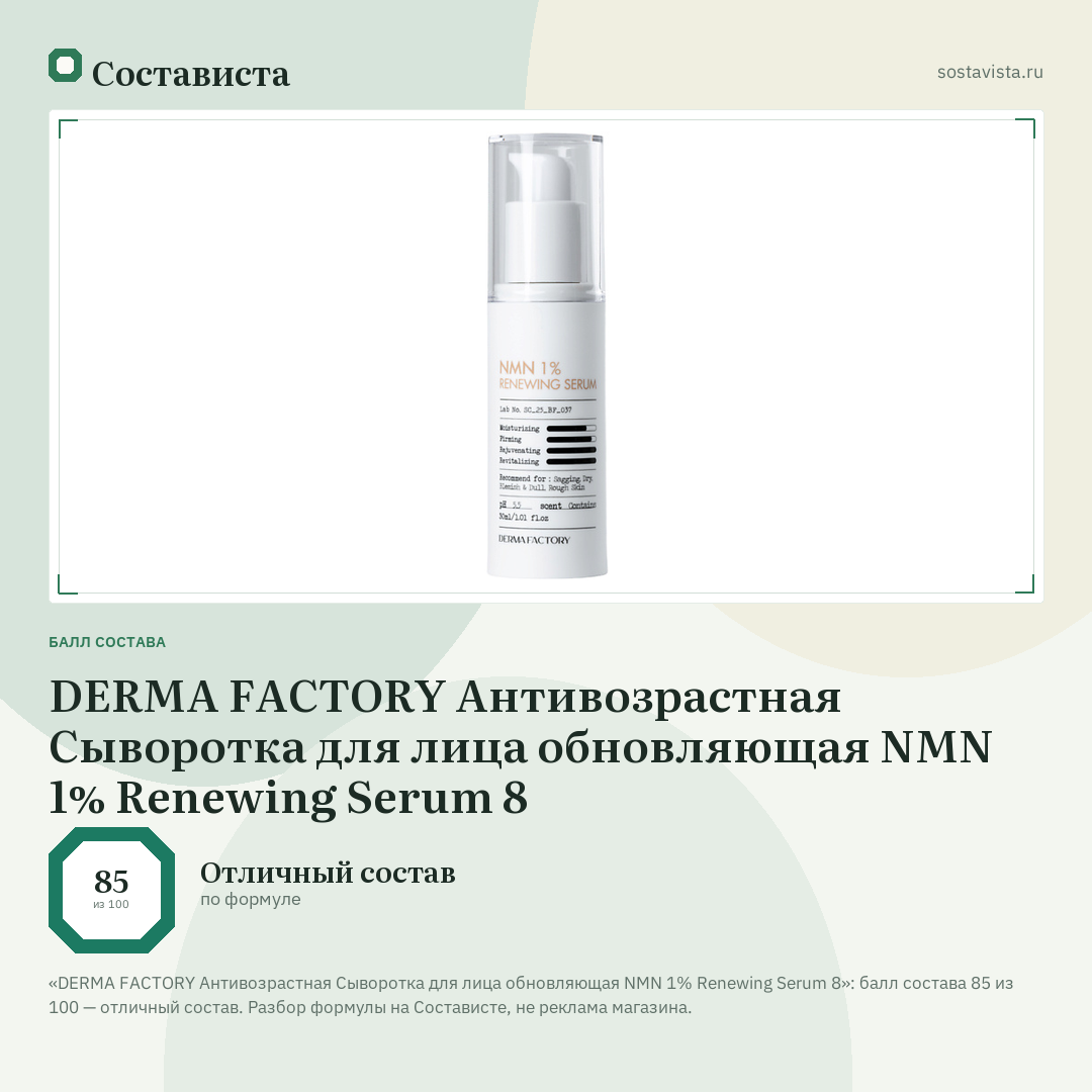 DERMA FACTORY Антивозрастная Сыворотка для лица обновляющая NMN 1% Renewing Serum 8: балл состава 85 из 100 — Состависта