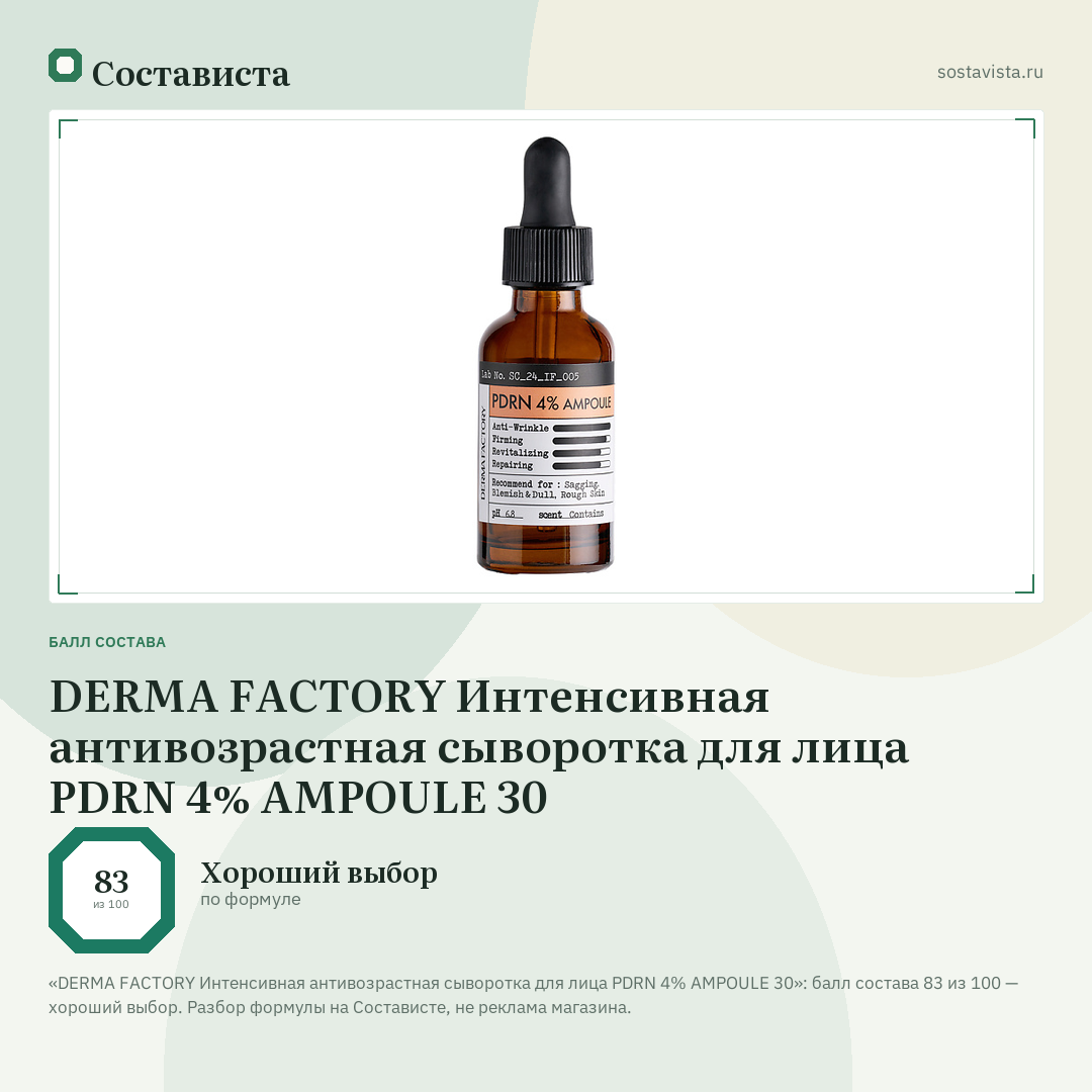 DERMA FACTORY Интенсивная антивозрастная сыворотка для лица PDRN 4% AMPOULE 30: балл состава 83 из 100 — Состависта