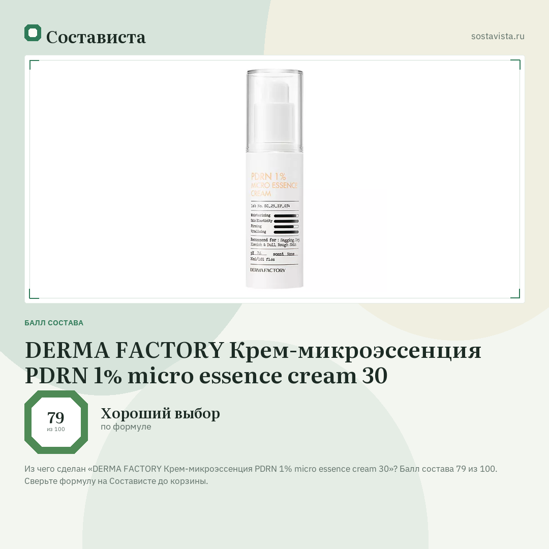 DERMA FACTORY Крем-микроэссенция PDRN 1% micro essence cream 30: балл состава 79 из 100 — Состависта