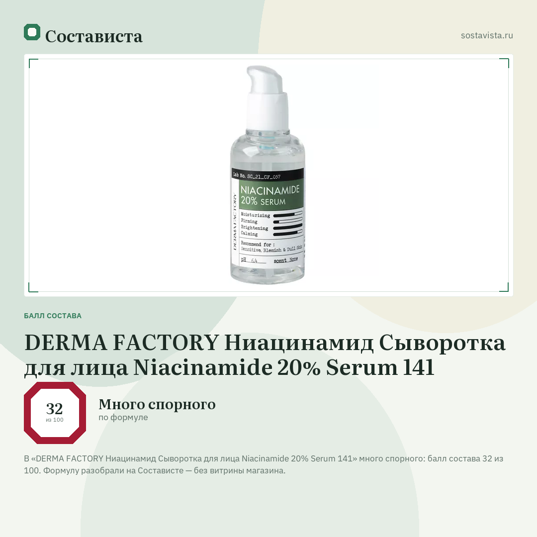 DERMA FACTORY Ниацинамид Сыворотка для лица Niacinamide 20% Serum 141: балл состава 32 из 100 — Состависта