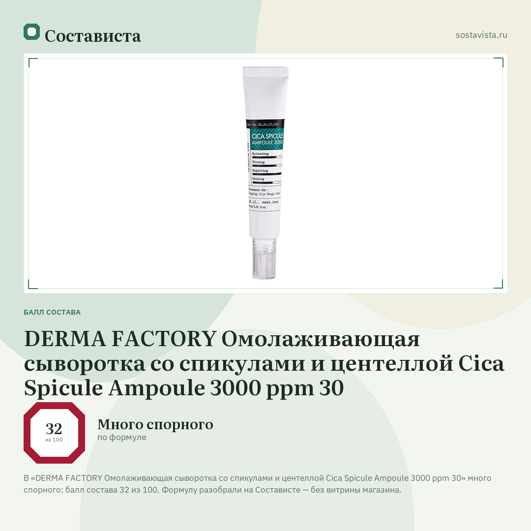 DERMA FACTORY Омолаживающая сыворотка со спикулами и центеллой Cica Spicule Ampoule 3000 ppm 30: балл состава 32 из 100 — Состависта