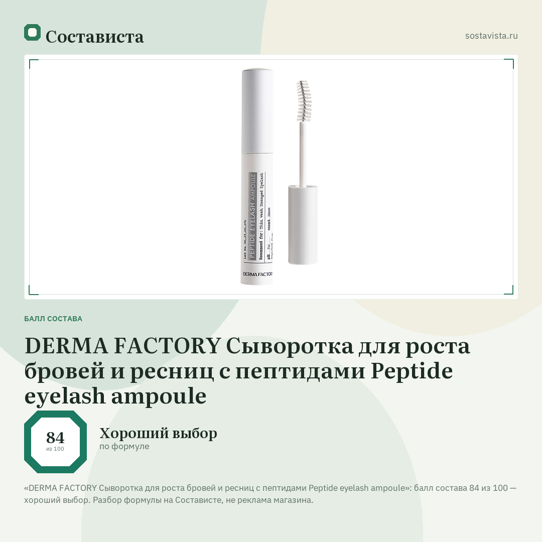 DERMA FACTORY Сыворотка для роста бровей и ресниц с пептидами Peptide eyelash ampoule: балл состава 84 из 100 — Состависта