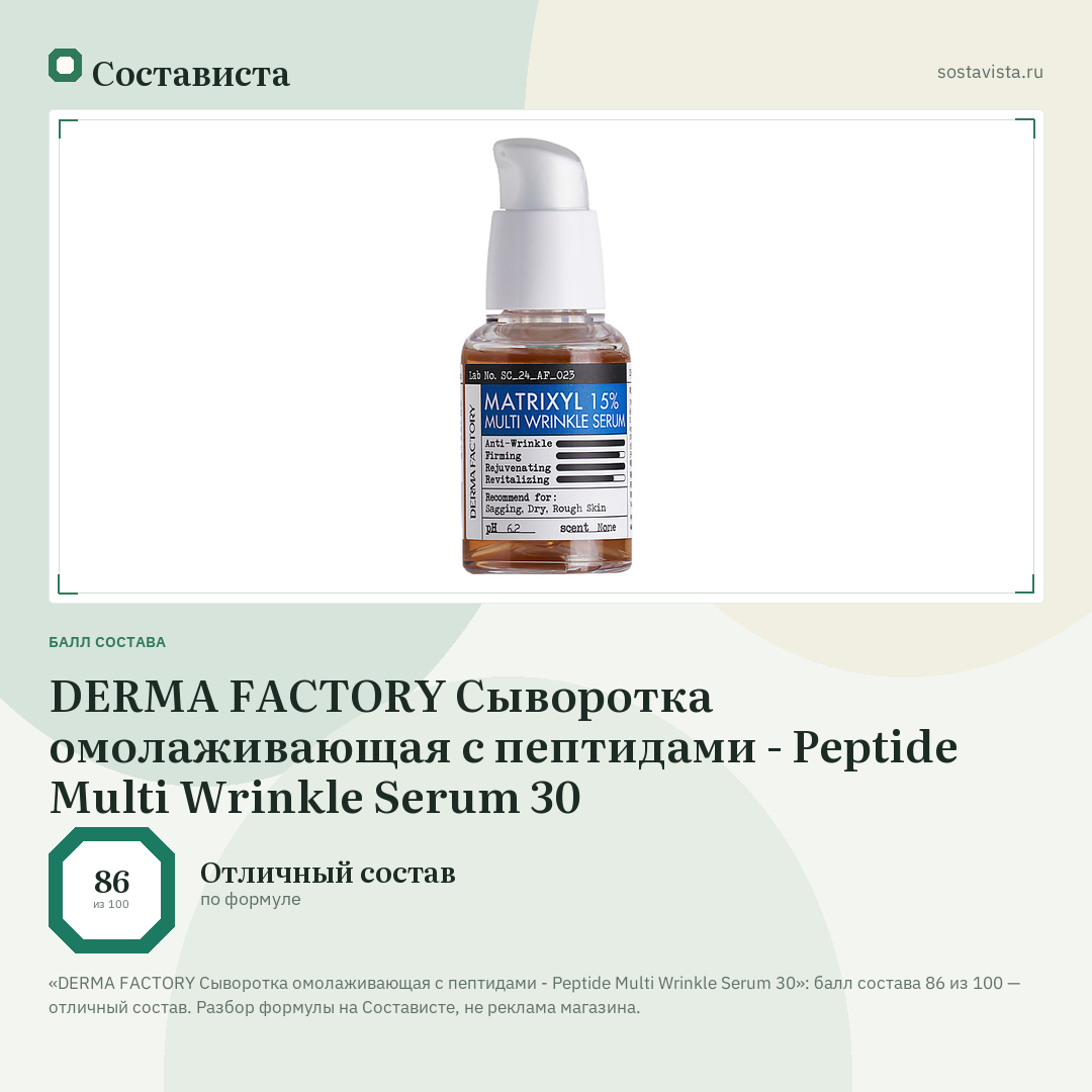 DERMA FACTORY Сыворотка омолаживающая с пептидами - Peptide Multi Wrinkle Serum 30: балл состава 86 из 100 — Состависта
