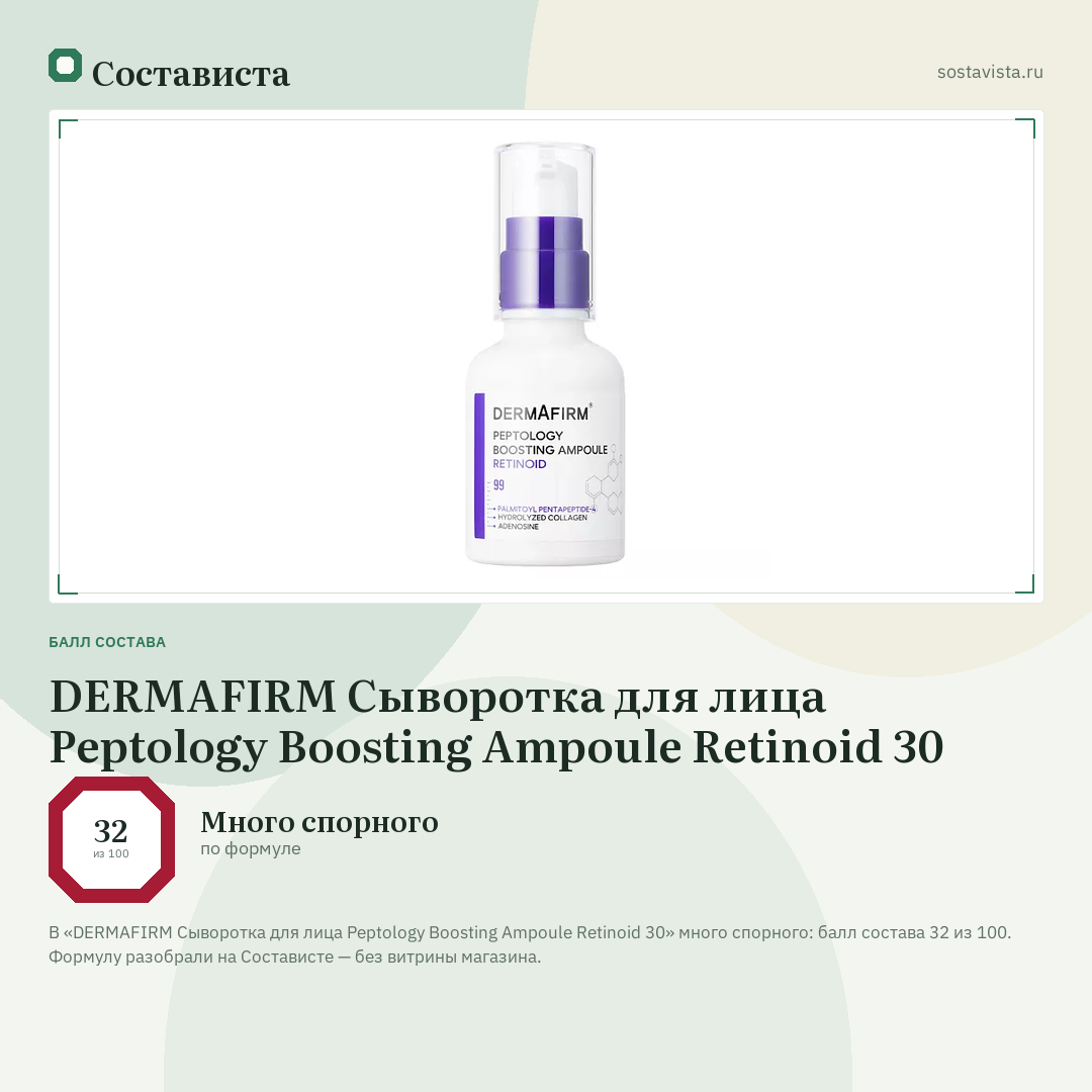 DERMAFIRM Сыворотка для лица Peptology Boosting Ampoule Retinoid 30: балл состава 32 из 100 — Состависта