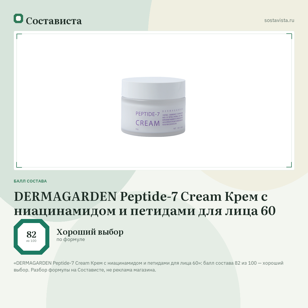 DERMAGARDEN Peptide-7 Cream Крем с ниацинамидом и петидами для лица 60: балл состава 82 из 100 — Состависта