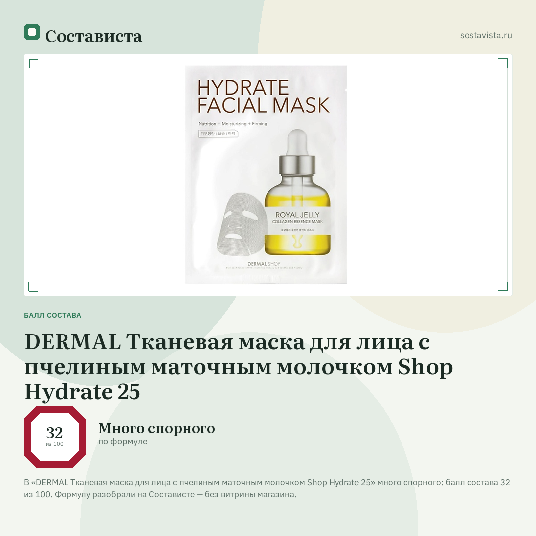 DERMAL Тканевая маска для лица с пчелиным маточным молочком Shop Hydrate 25: балл состава 32 из 100 — Состависта