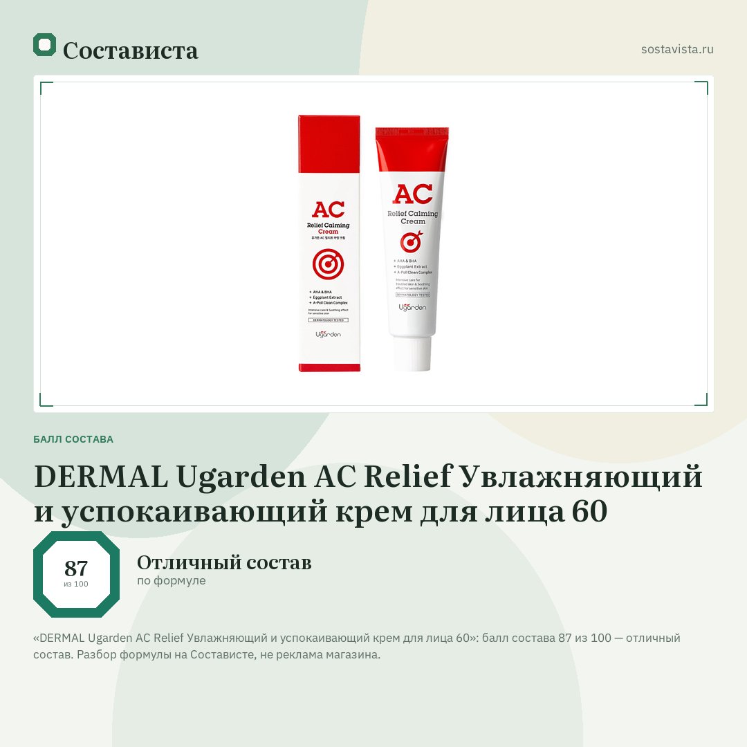 DERMAL Ugarden AC Relief Увлажняющий и успокаивающий крем для лица 60: балл состава 87 из 100 — Состависта