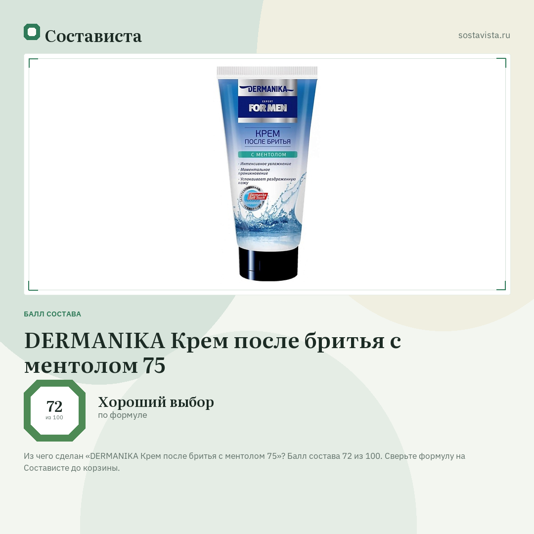 DERMANIKA Крем после бритья с ментолом 75: балл состава 72 из 100 — Состависта