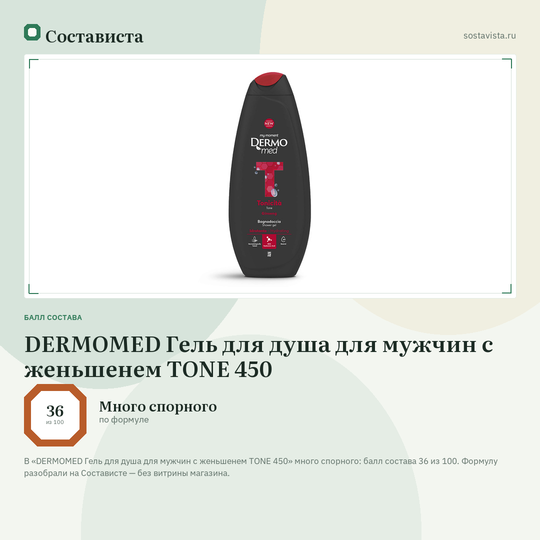 DERMOMED Гель для душа для мужчин с женьшенем TONE 450: балл состава 36 из 100 — Состависта