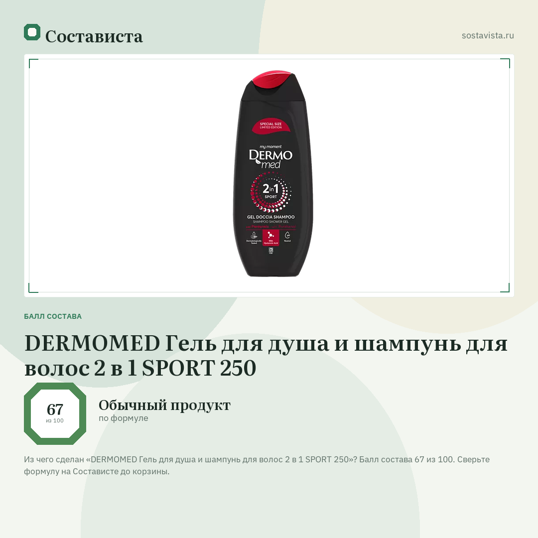 DERMOMED Гель для душа и шампунь для волос 2 в 1 SPORT 250: балл состава 67 из 100 — Состависта