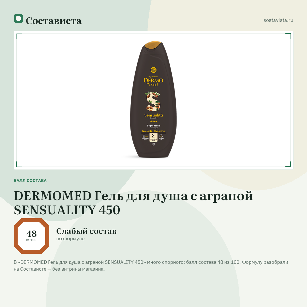 DERMOMED Гель для душа с аграной SENSUALITY 450: балл состава 48 из 100 — Состависта