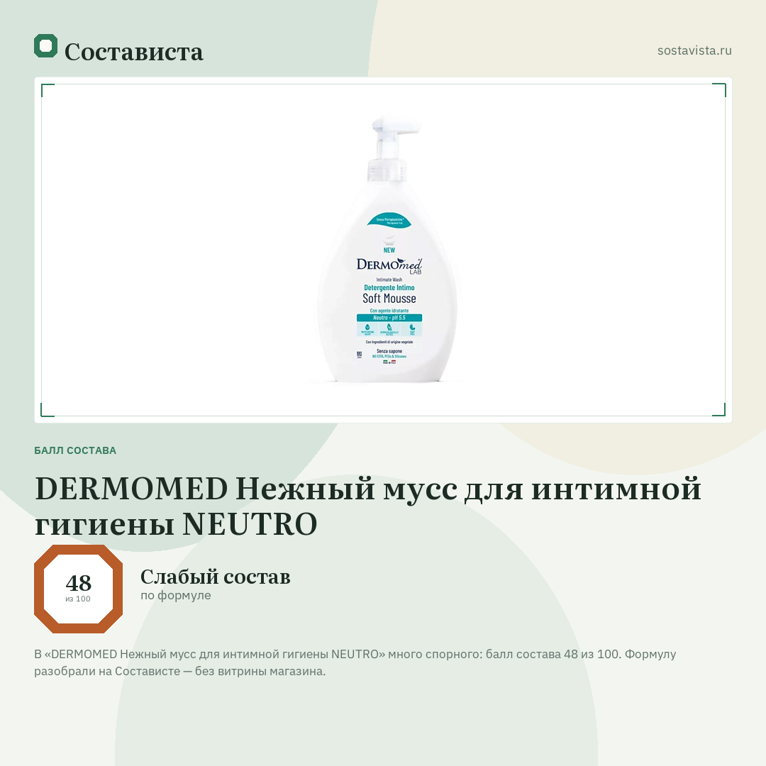 DERMOMED Нежный мусс для интимной гигиены NEUTRO: балл состава 48 из 100 — Состависта