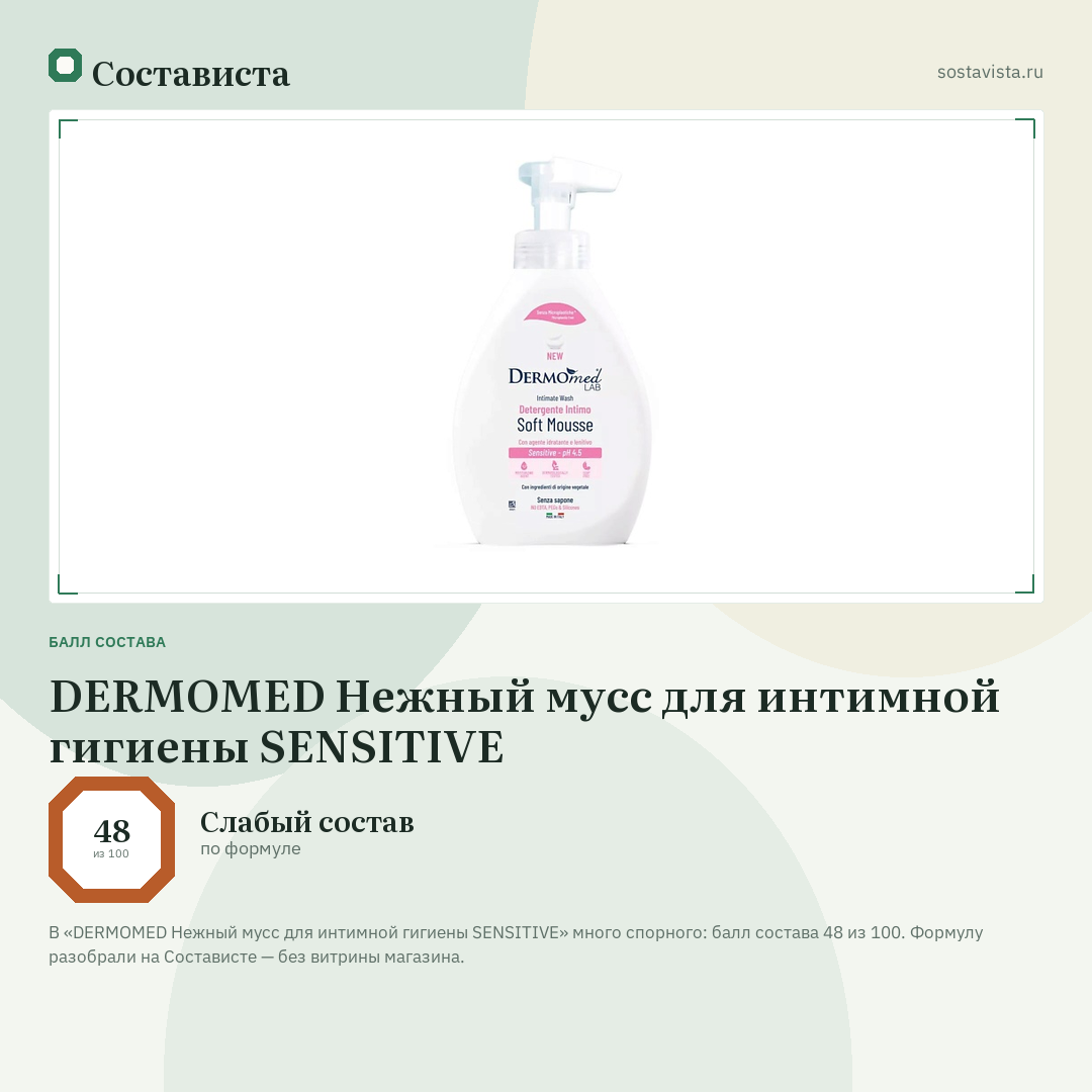 DERMOMED Нежный мусс для интимной гигиены SENSITIVE: балл состава 48 из 100 — Состависта