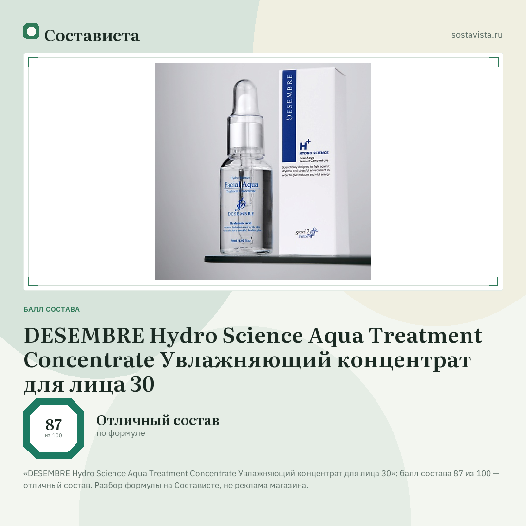 DESEMBRE Hydro Science Aqua Treatment Concentrate Увлажняющий концентрат для лица 30: балл состава 87 из 100 — Состависта