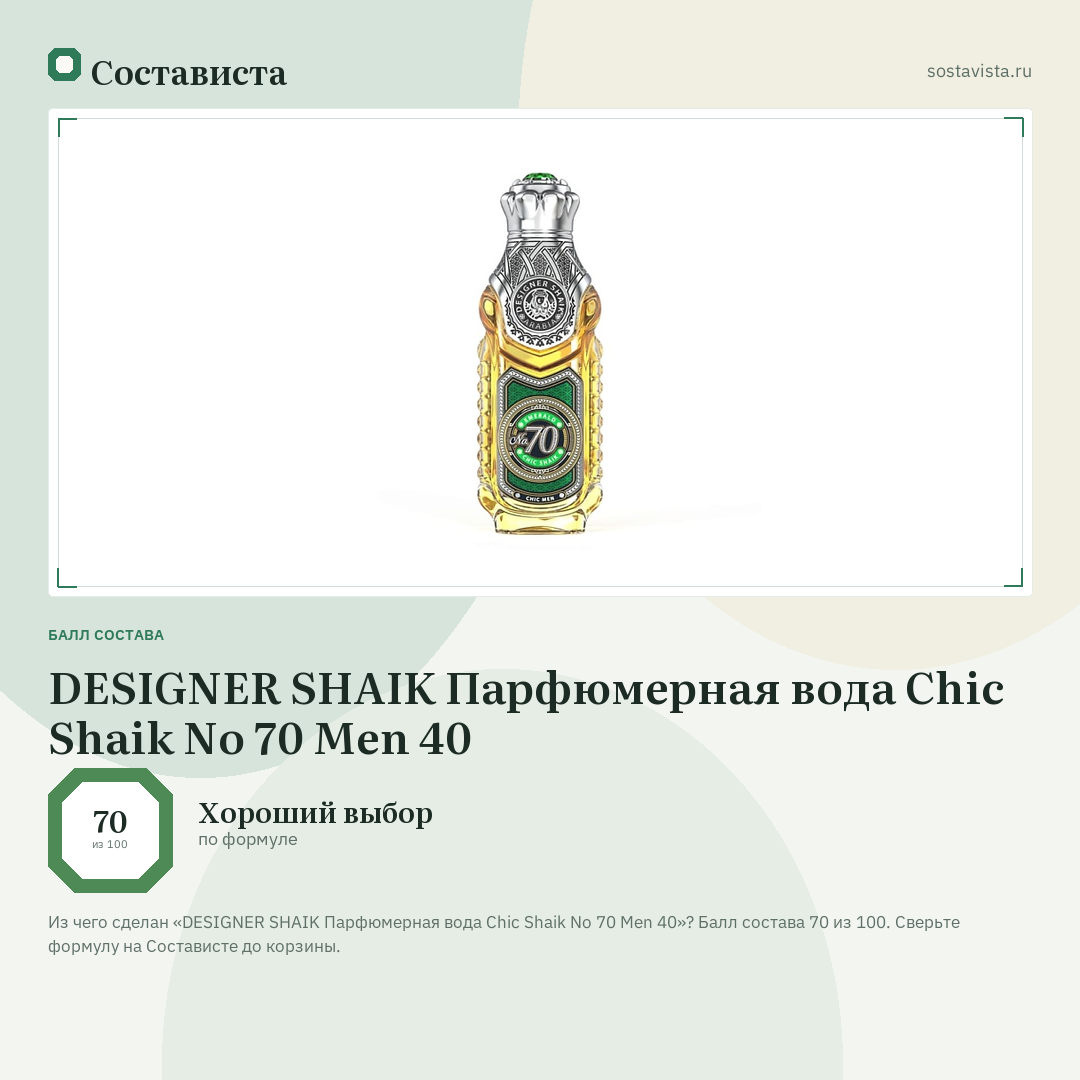DESIGNER SHAIK Парфюмерная вода Chic Shaik No 70 Men 40: балл состава 70 из 100 — Состависта