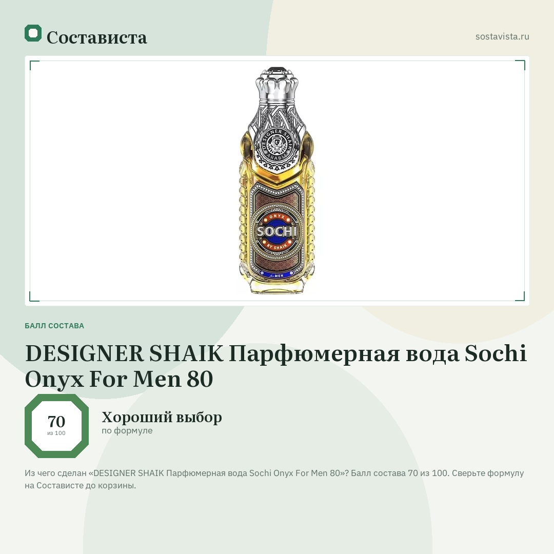 DESIGNER SHAIK Парфюмерная вода Sochi Onyx For Men 80: балл состава 70 из 100 — Состависта