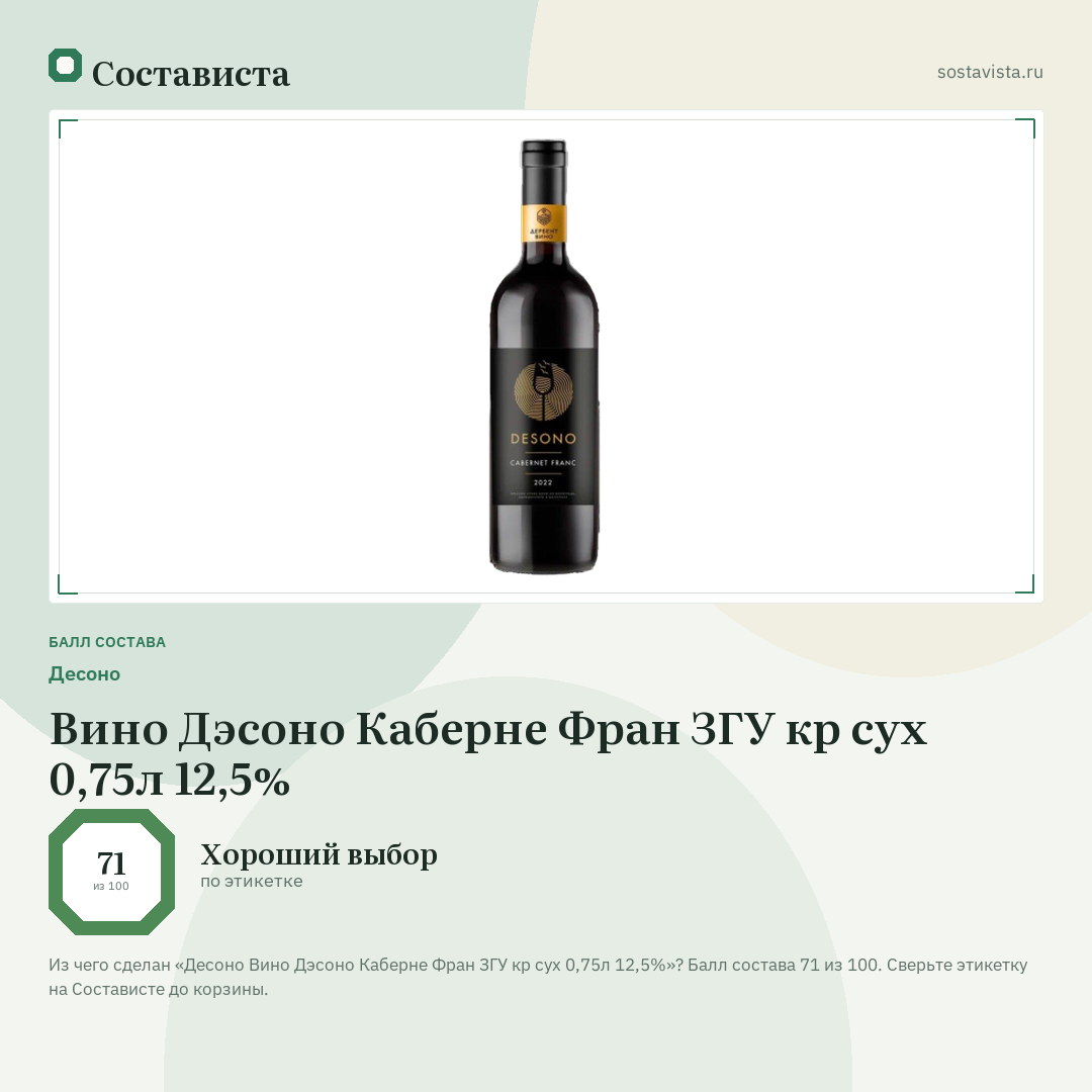 Десоно Вино Дэсоно Каберне Фран ЗГУ кр сух 0,75л 12,5%: балл состава 71 из 100 — Состависта