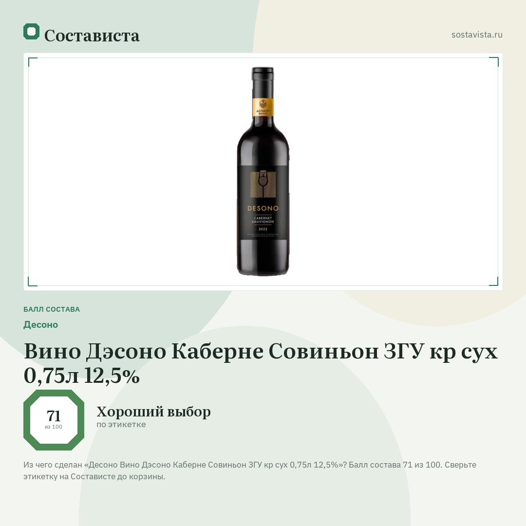 Десоно Вино Дэсоно Каберне Совиньон ЗГУ кр сух 0,75л 12,5%: балл состава 71 из 100 — Состависта