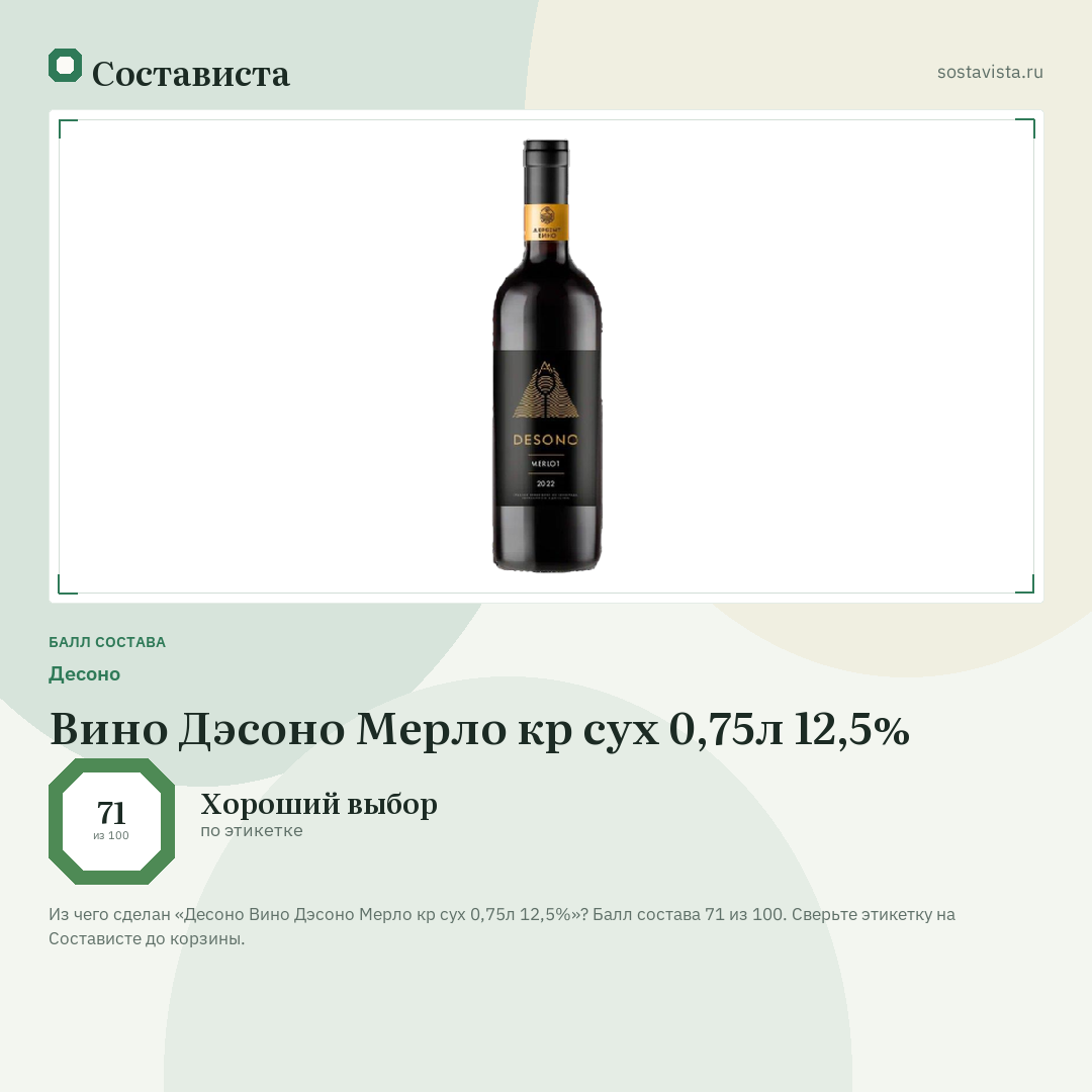 Десоно Вино Дэсоно Мерло кр сух 0,75л 12,5%: балл состава 71 из 100 — Состависта