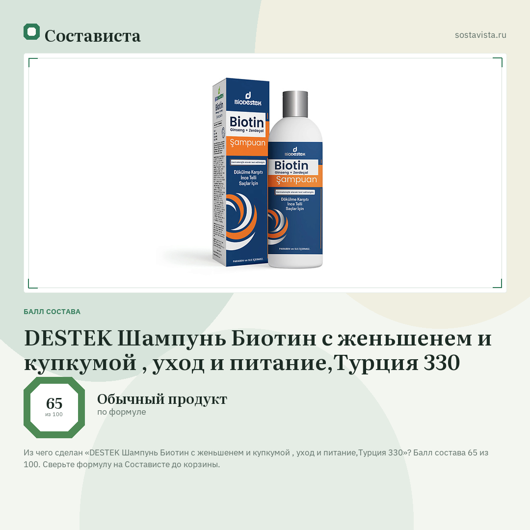 DESTEK Шампунь Биотин c женьшенем и купкумой , уход и питание,Турция 330: балл состава 65 из 100 — Состависта