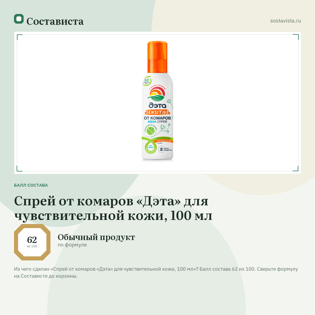Спрей от комаров «Дэта» для чувствительной кожи, 100 мл: балл состава 62 из 100 — Состависта