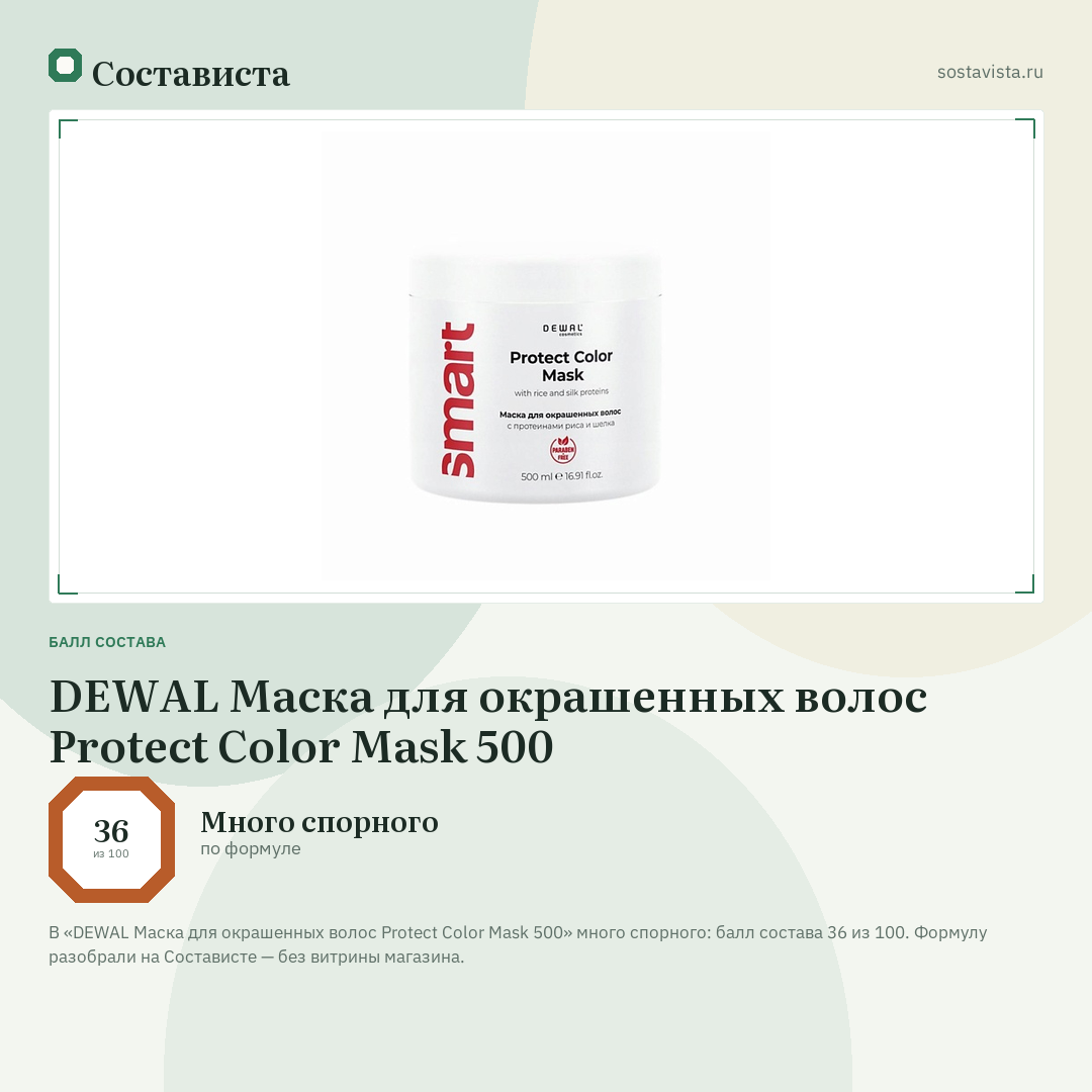 DEWAL Маска для окрашенных волос Protect Color Mask 500: балл состава 36 из 100 — Состависта