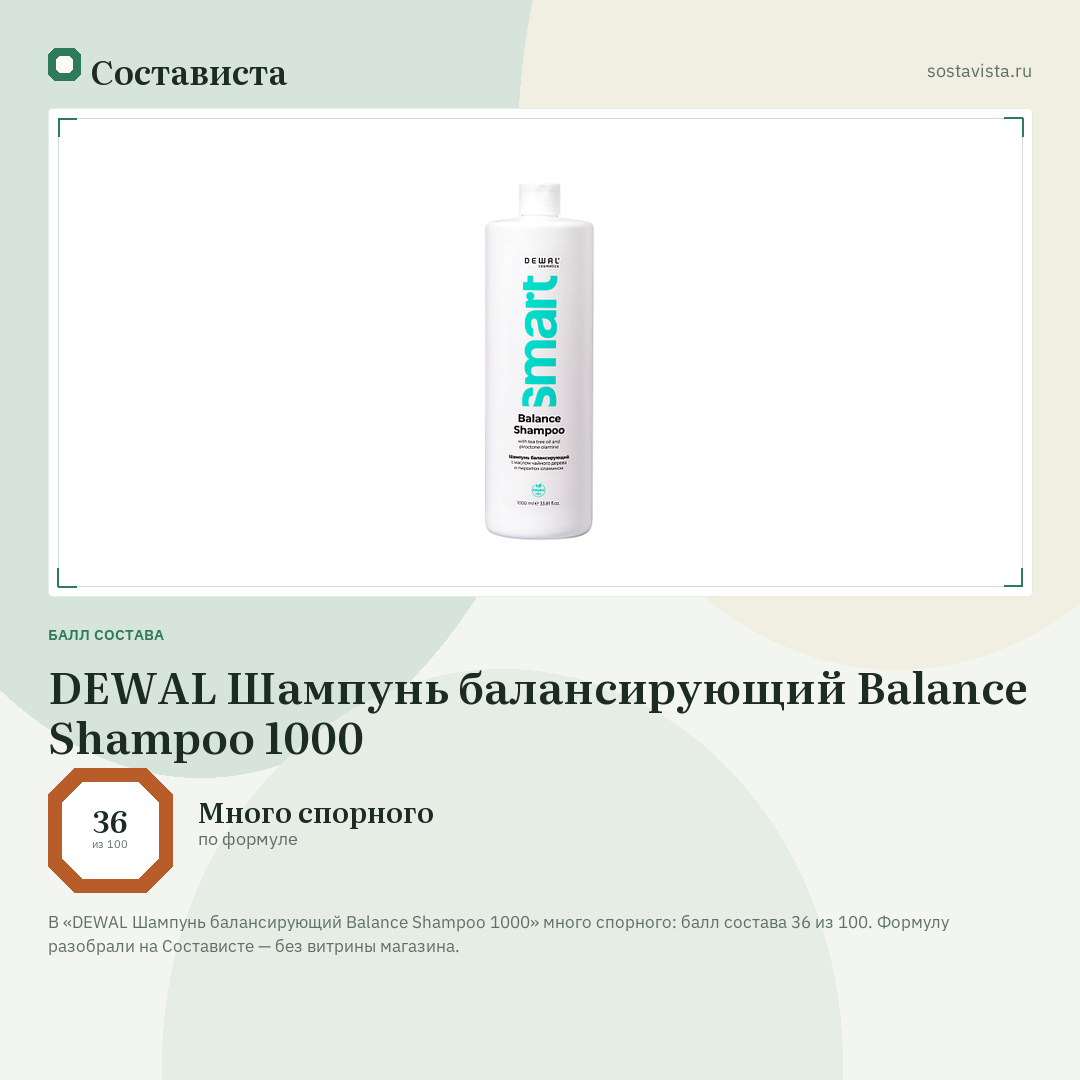 DEWAL Шампунь балансирующий Balance Shampoo 1000: балл состава 36 из 100 — Состависта
