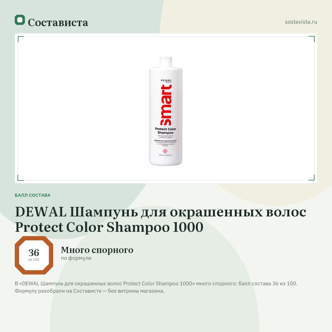 DEWAL Шампунь для окрашенных волос Protect Color Shampoo 1000: балл состава 36 из 100 — Состависта