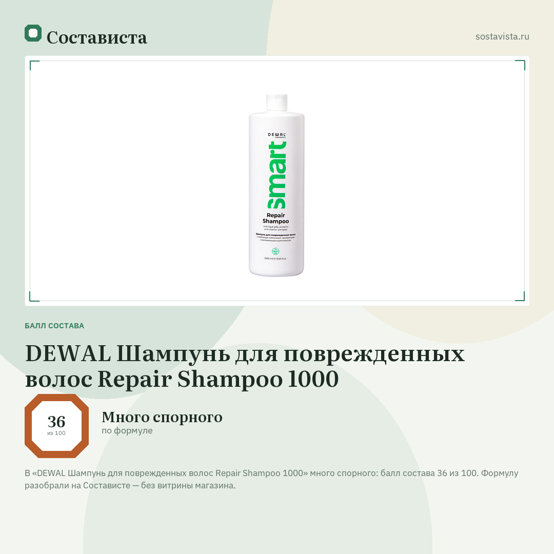 DEWAL Шампунь для поврежденных волос Repair Shampoo 1000: балл состава 36 из 100 — Состависта