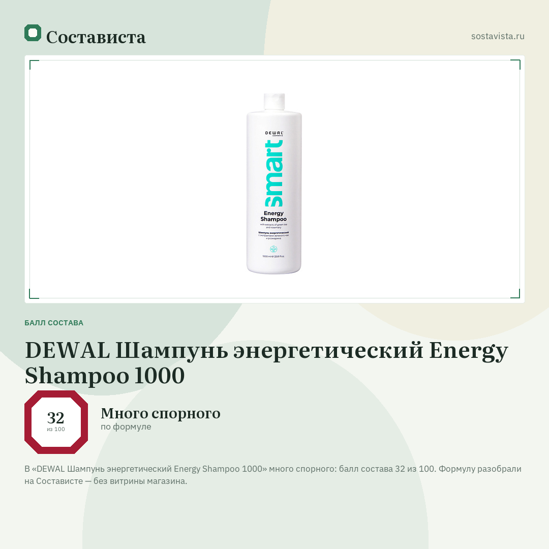 DEWAL Шампунь энергетический Energy Shampoo 1000: балл состава 32 из 100 — Состависта
