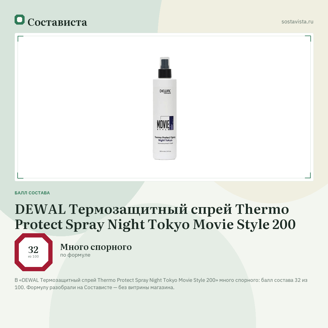 DEWAL Термозащитный спрей Thermo Protect Spray Night Tokyo Movie Style 200: балл состава 32 из 100 — Состависта