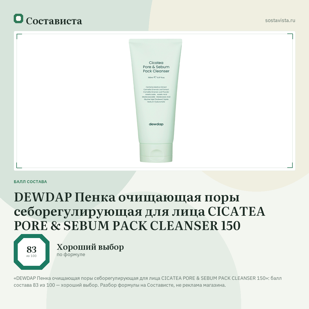 DEWDAP Пенка очищающая поры себорегулирующая для лица CICATEA PORE & SEBUM PACK CLEANSER 150: балл состава 83 из 100 — Состависта