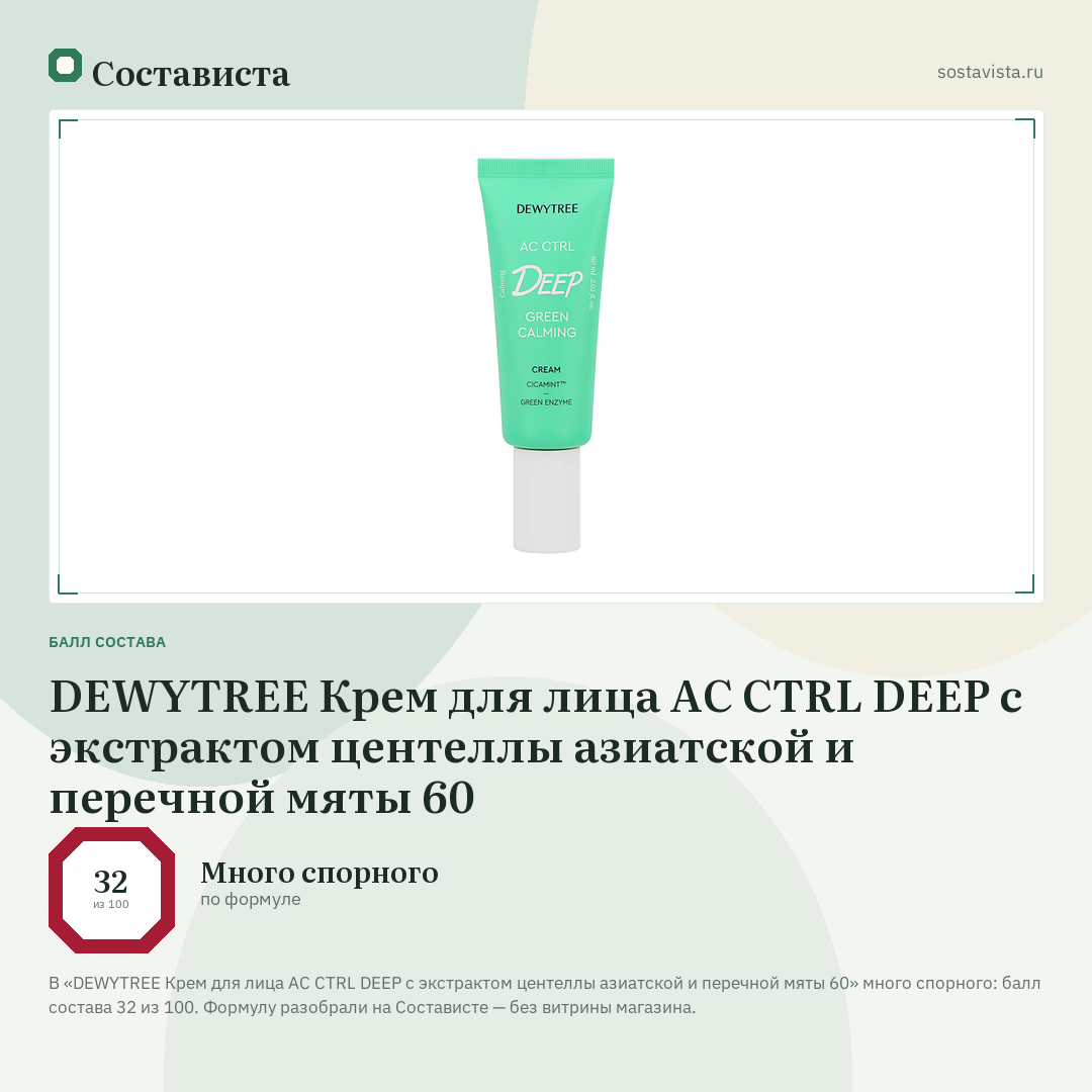 DEWYTREE Крем для лица AC CTRL DEEP с экстрактом центеллы азиатской и перечной мяты 60: балл состава 32 из 100 — Состависта