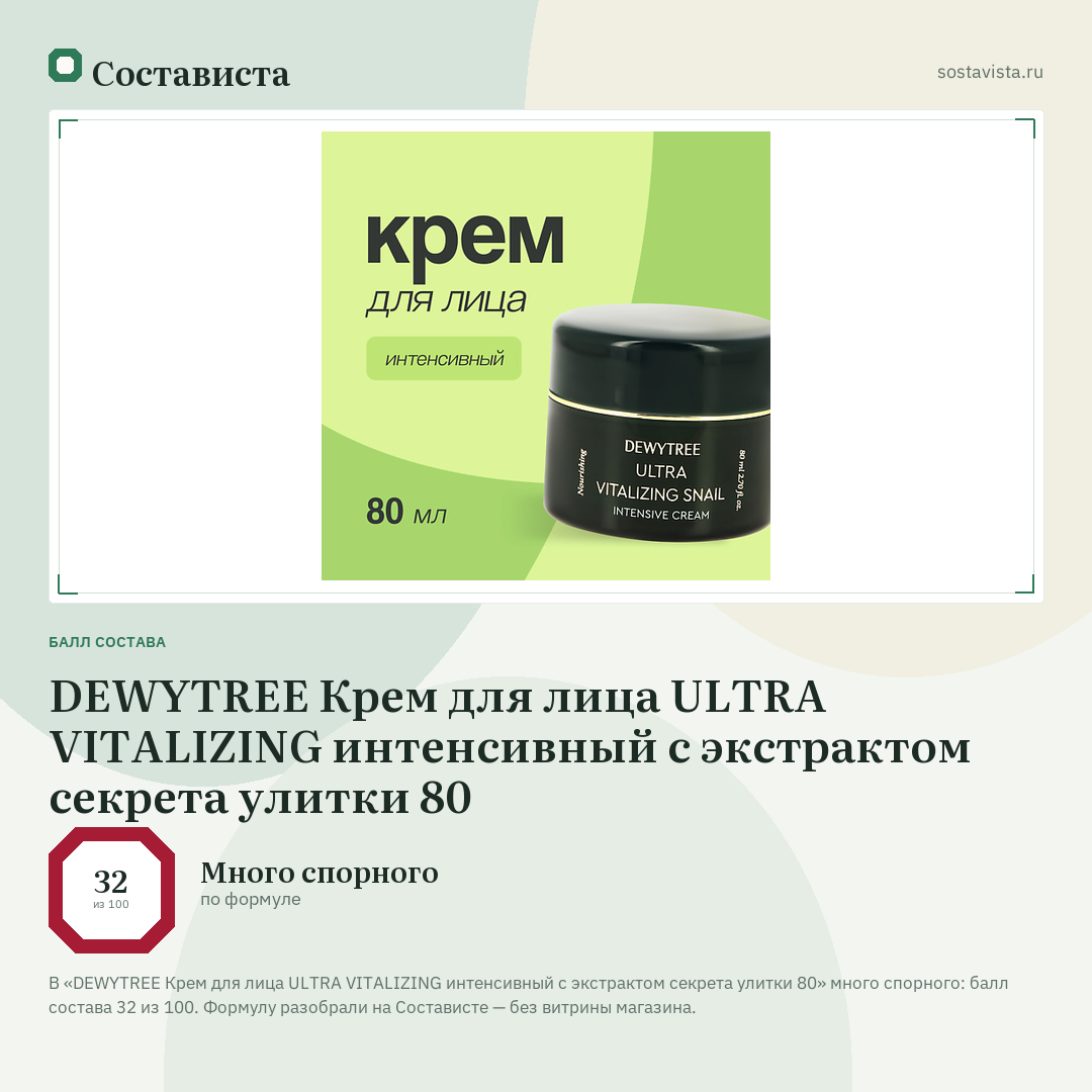 DEWYTREE Крем для лица ULTRA VITALIZING интенсивный с экстрактом секрета улитки 80: балл состава 32 из 100 — Состависта