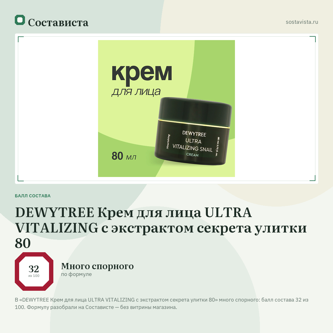 DEWYTREE Крем для лица ULTRA VITALIZING с экстрактом секрета улитки 80: балл состава 32 из 100 — Состависта