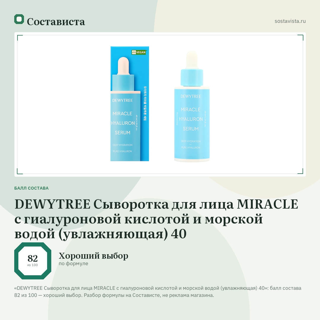 DEWYTREE Сыворотка для лица MIRACLE с гиалуроновой кислотой и морской водой (увлажняющая) 40: балл состава 82 из 100 — Состависта