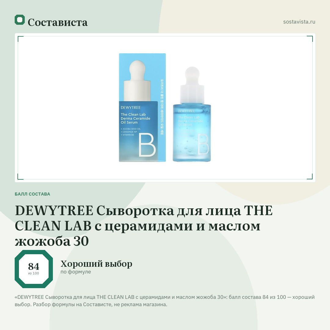 DEWYTREE Сыворотка для лица THE CLEAN LAB с церамидами и маслом жожоба 30: балл состава 84 из 100 — Состависта