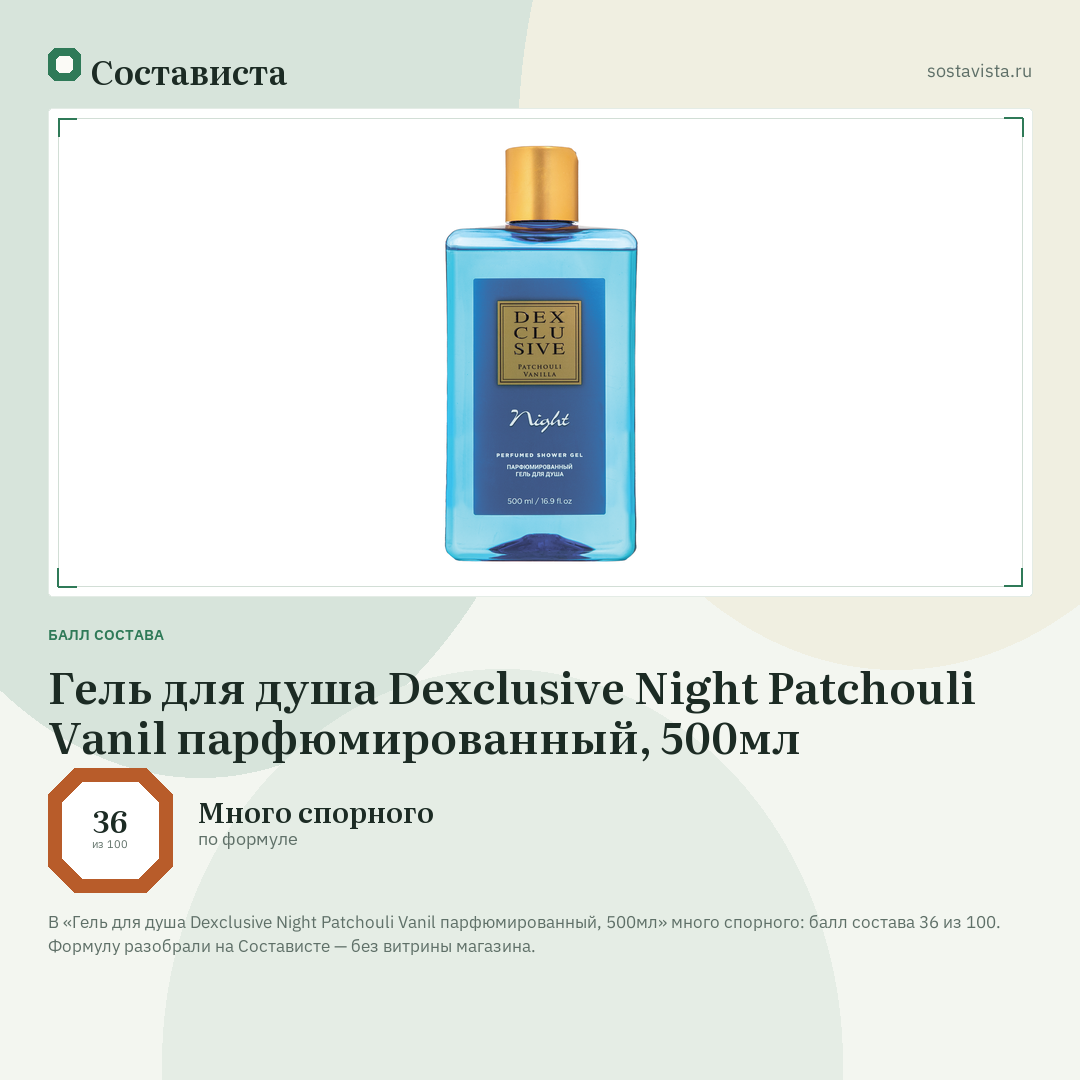 Гель для душа Dexclusive Night Patchouli Vanil парфюмированный, 500мл: балл состава 36 из 100 — Состависта