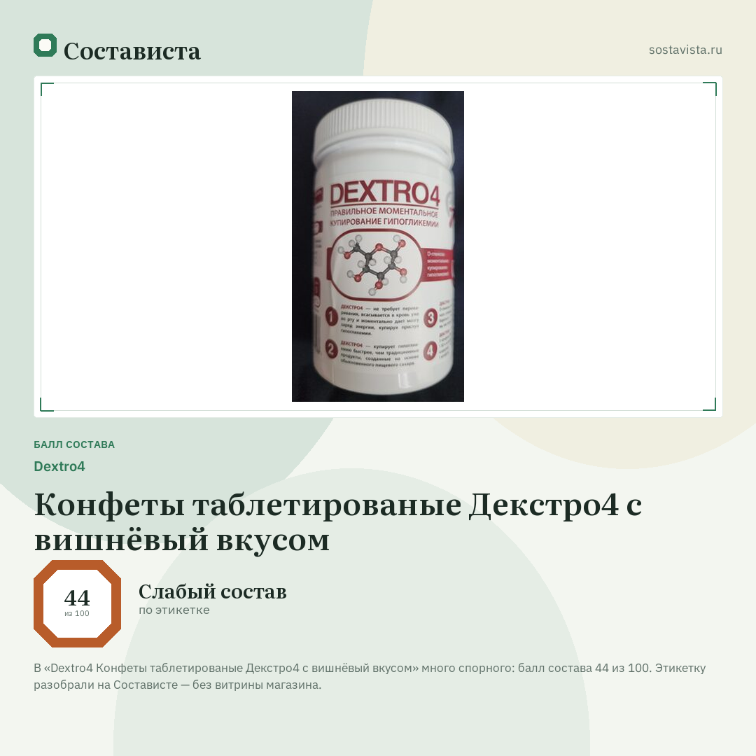 Dextro4 Конфеты таблетированые Декстро4 с вишнёвый вкусом: балл состава 44 из 100 — Состависта
