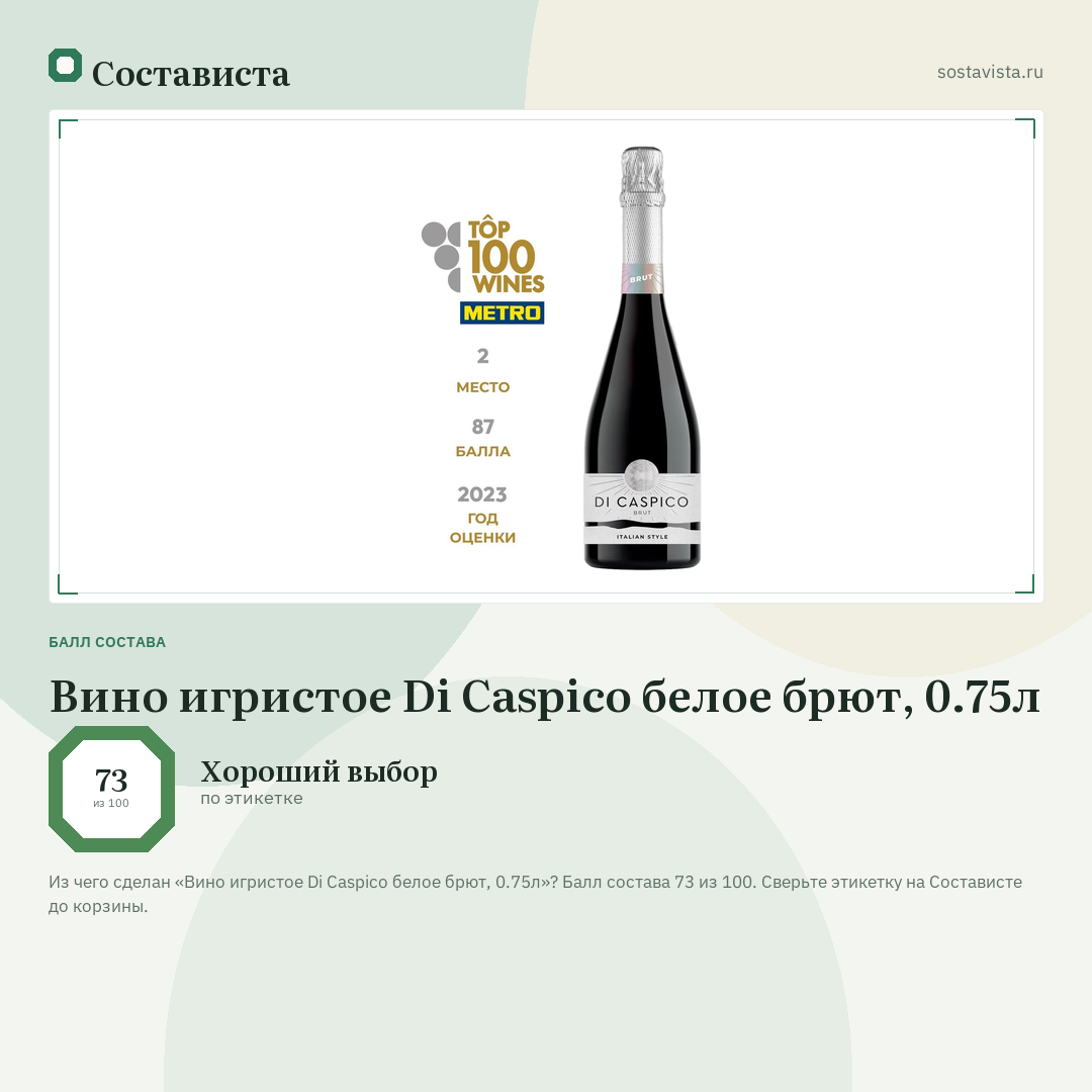 Вино игристое Di Caspico белое брют, 0.75л: балл состава 73 из 100 — Состависта